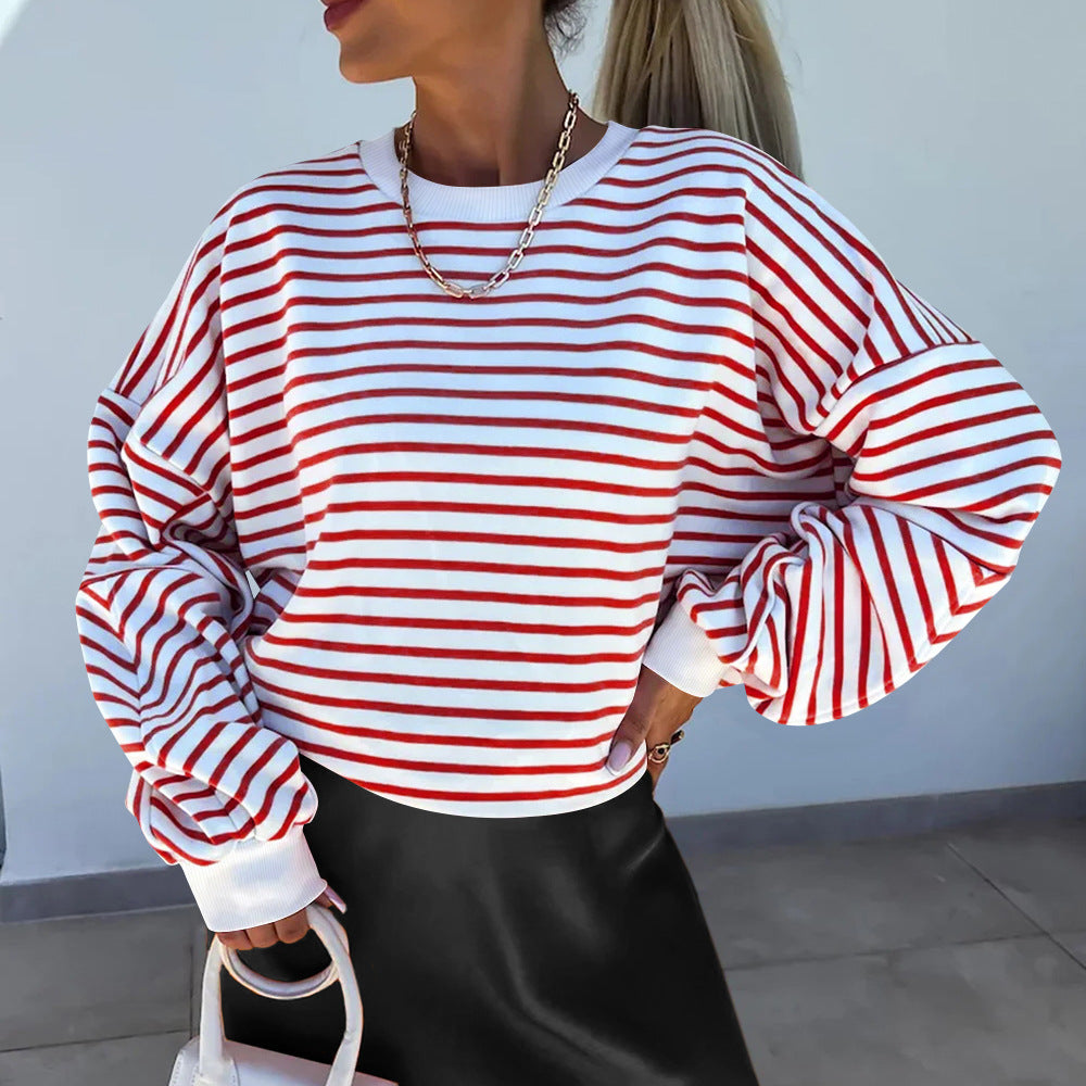 Damen lässiges gestreiftes Sweatshirt mit Boxy-Schnitt und kontrastierenden Abschlüssen R&B