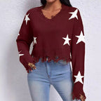 Damen modischer Sweatpullover mit Sternenmotiv und ausgefranstem Saum R&B