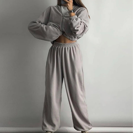 Damen lässiges Fleece-Set mit hohem Stehkragen und enganliegendem Bund R&B