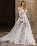 Damen Elegantes Hochzeitskleid mit floralen Spitzenapplikationen und tiefem V-Ausschnitt R&B