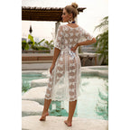 Damen eleganter Häkel-Strandüberwurf mit floralem Design und transparenter Struktur R&B