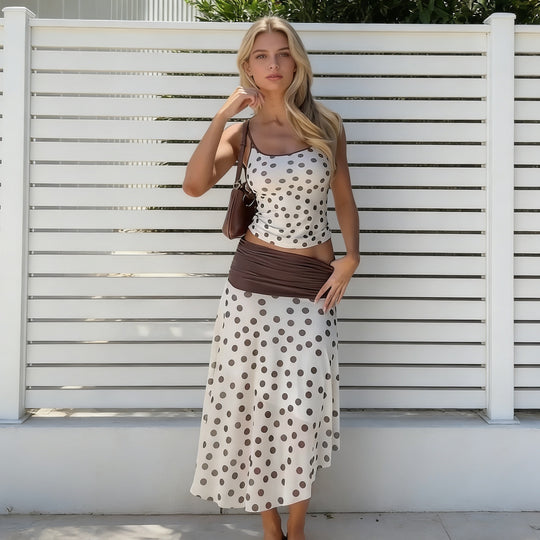 Damen Elegantes Polka-Dots Maxikleid mit figurbetontem Oberteil und schwingendem Rock R&B