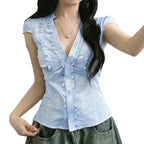 Damen Blusen Top mit Rüschendetails und figurbetontem Schnitt R&B