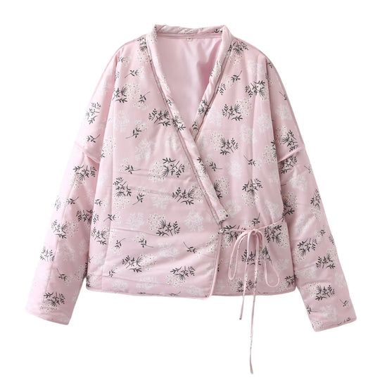 Damen gesteppte Übergangsjacke mit floralem Muster und kontrastierenden Details R&B