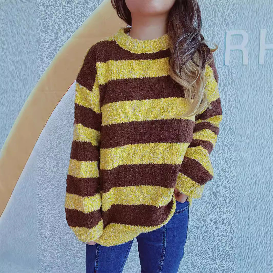 Damen gemütlicher Streifenpullover aus weichem Material mit weitem Schnitt R&B