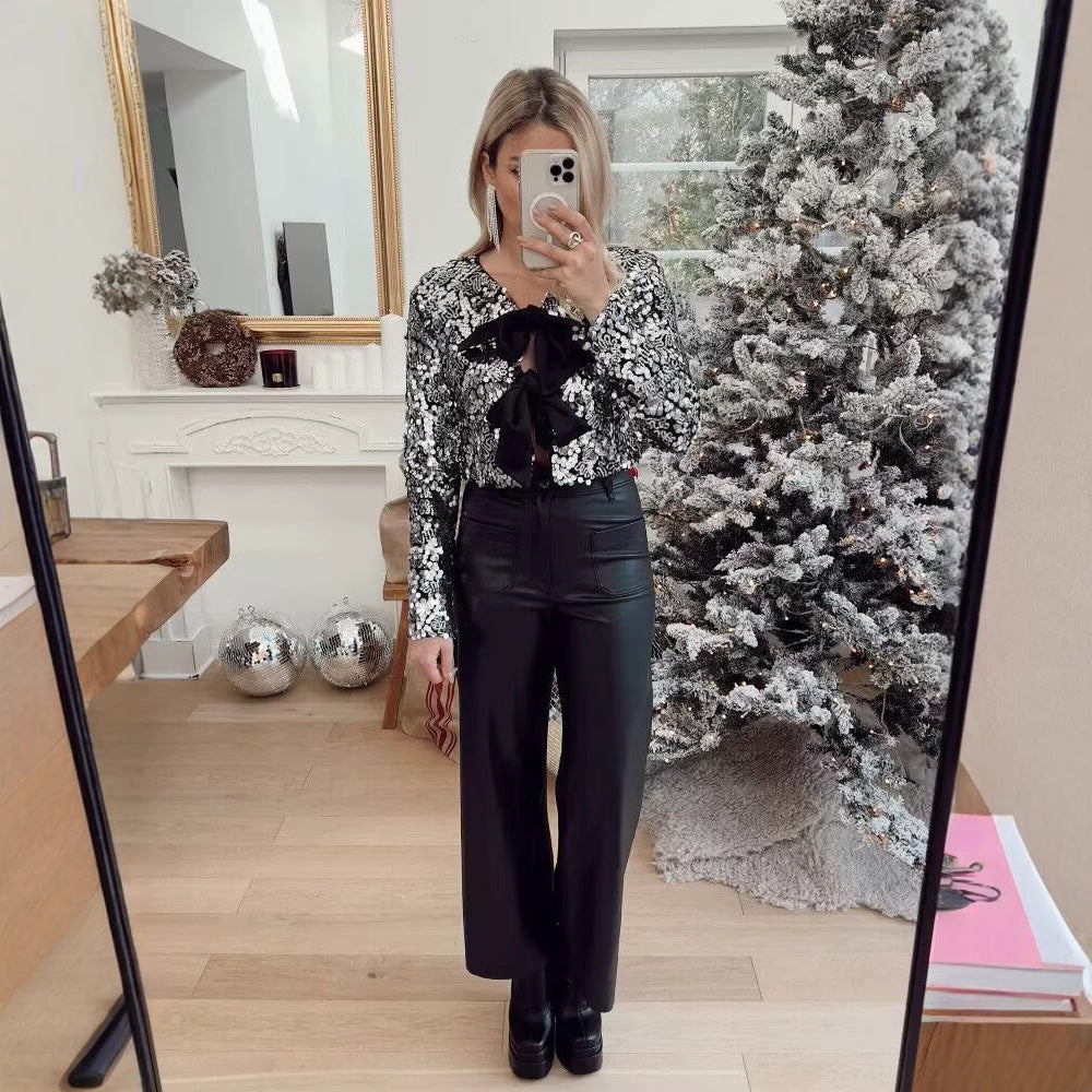 Damen elegante Lurex-Partyjacke mit Rüschen und schönen Schleifen R&B
