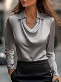Damen Seidene Bluse mit schickem Wasserfall-Ausschnitt und lange Ärmel R&B