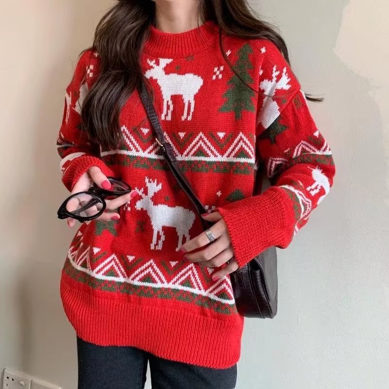 Damen Grobstrickpullover mit festlichem Rentier-Motiv und Rundhalsausschnitt R&B