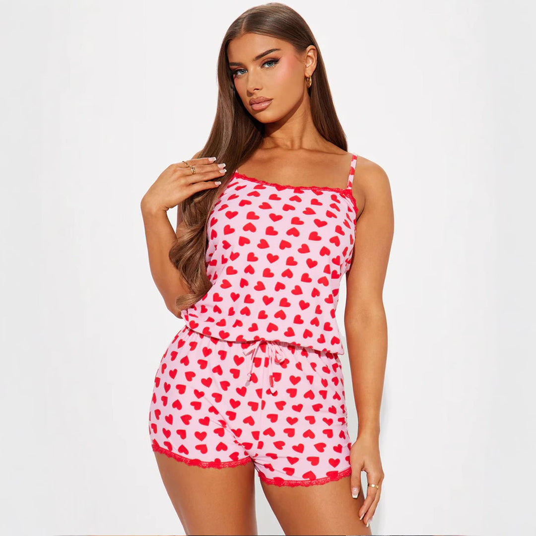 Damen gemütliches Kurzpyjama-Set mit verspielt herzförmigem Print und elastischem Taillenbund R&B