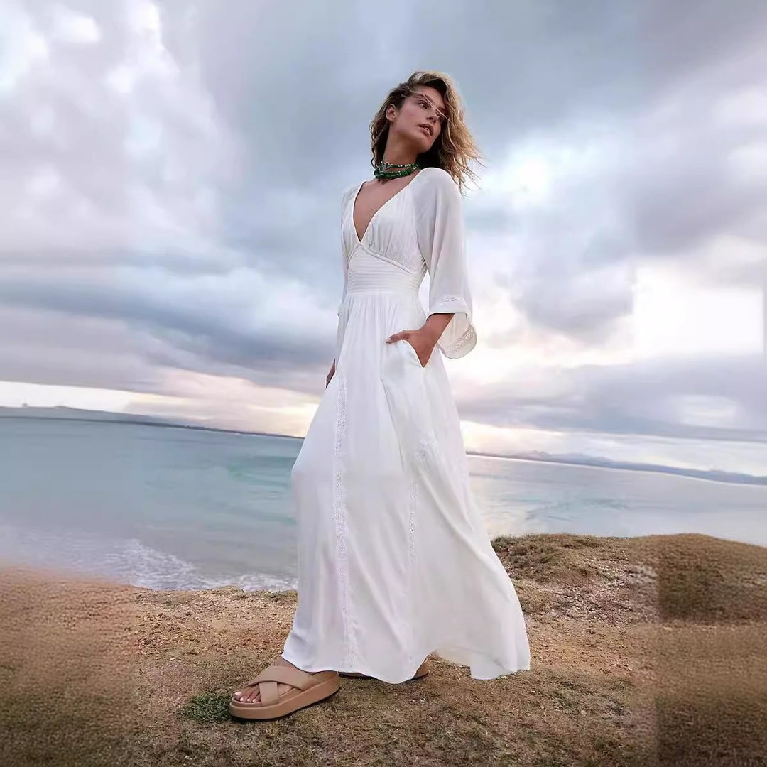 Damen luftiges Maxikleid mit tiefem V-Ausschnitt und praktischen Taschen R&B