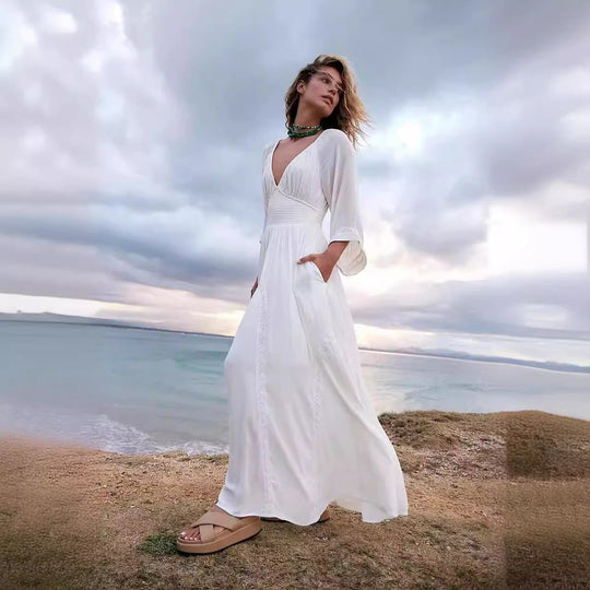 Damen luftiges Maxikleid mit tiefem V-Ausschnitt und praktischen Taschen R&B
