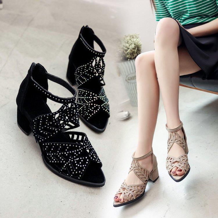 Damen Glamouröse Strass-Sandalen mit Blockabsatz R&B