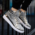 Damen Glitzernde High-Top Sneakers mit reflektierender Oberfläche und rutschfester Sohle
