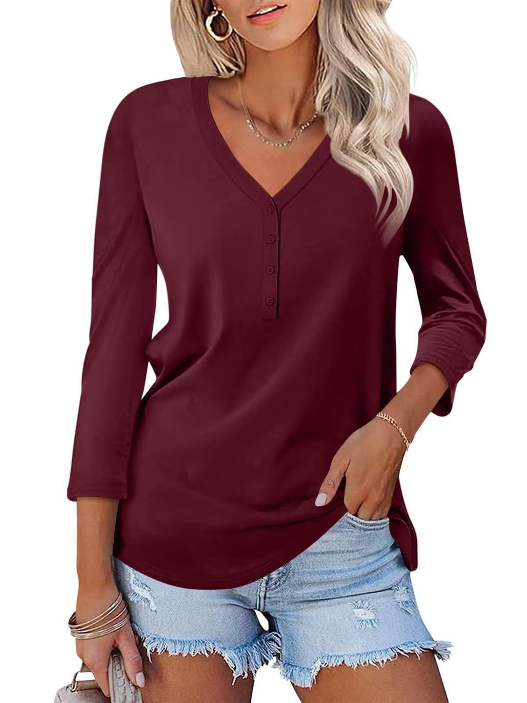 Damen Langarm T-Shirt mit Knopfleiste und V-Ausschnitt R&B
