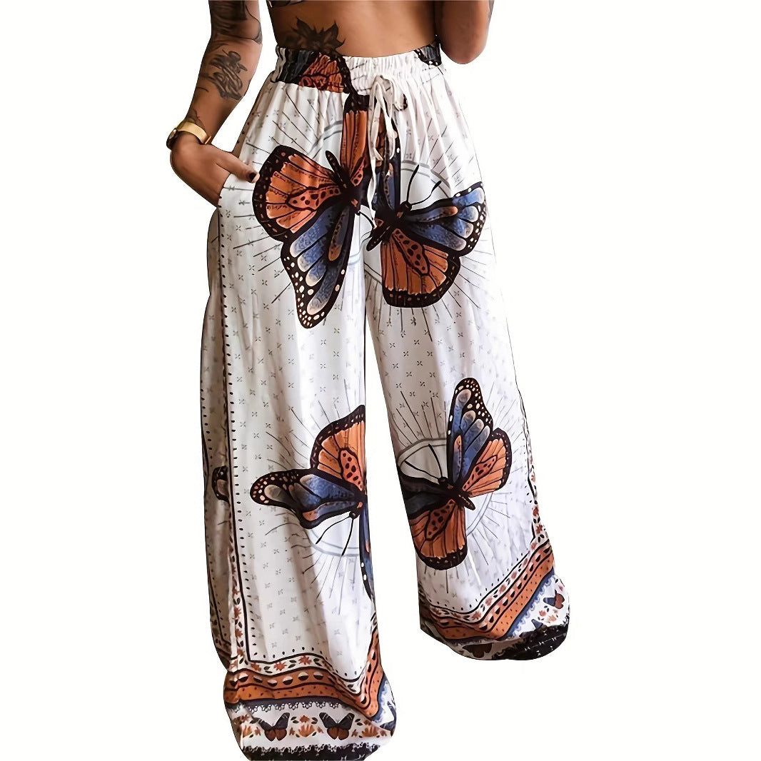 Damen Weite Palazzo-Hose mit buntem Schmetterlingsdruck und elastischem Bund R&B