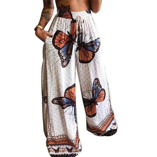 Damen Weite Palazzo-Hose mit buntem Schmetterlingsdruck und elastischem Bund R&B