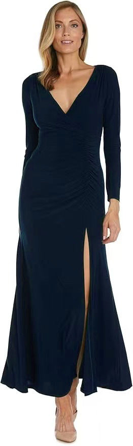 Damen elegantes Maxikleid mit hohem Schlitz und raffiniertem V-Ausschnitt R&B