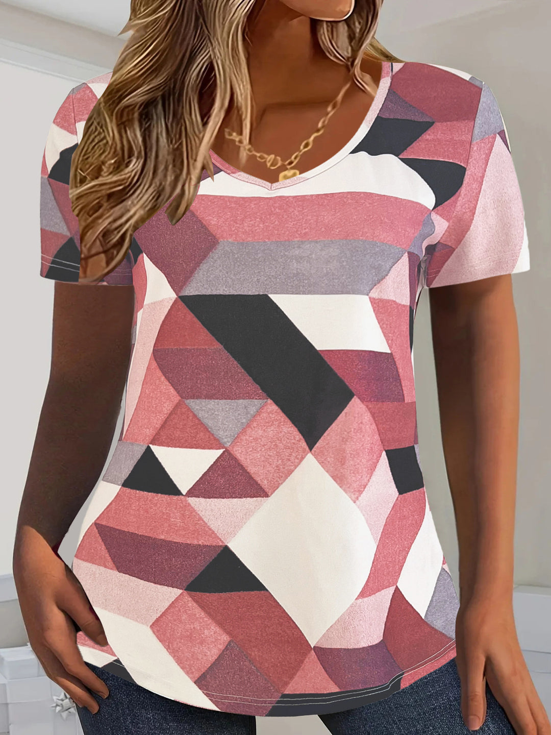 Damen V-Ausschnitt T-Shirt mit geometrischem Muster und weichem Material R&B