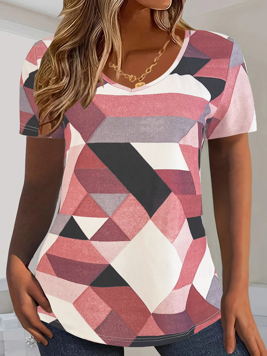Damen V-Ausschnitt T-Shirt mit geometrischem Muster und weichem Material R&B