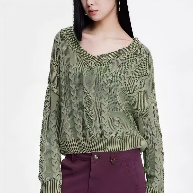 Damen Grob gestrickter Pullover mit V-Ausschnitt und voluminösen Ärmeln R&B