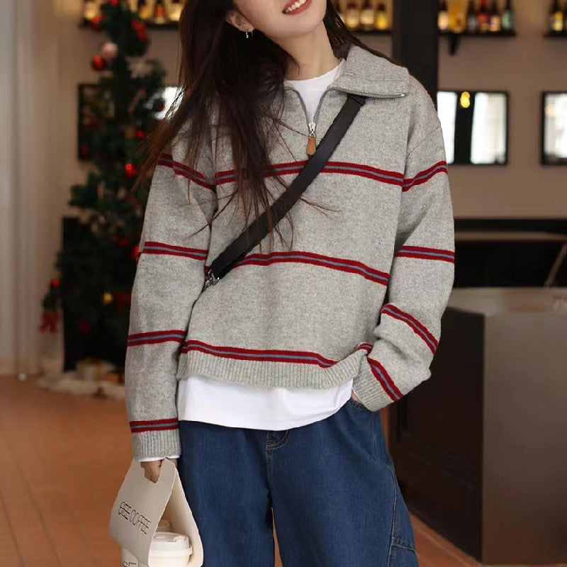 Damen gestreifter Pullover mit hohem Kragen und Reißverschluss