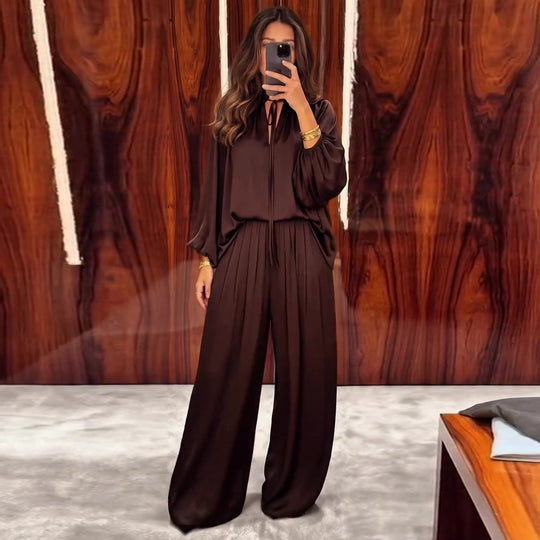Damen elegantes Zweiteiler Set aus fließendem Material mit raffinierten Falten und weitem Schnitt R&B
