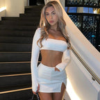 Damen Crop-Top und Minirock Set mit raffinierten Schnittdetails und langärmligem Design R&B