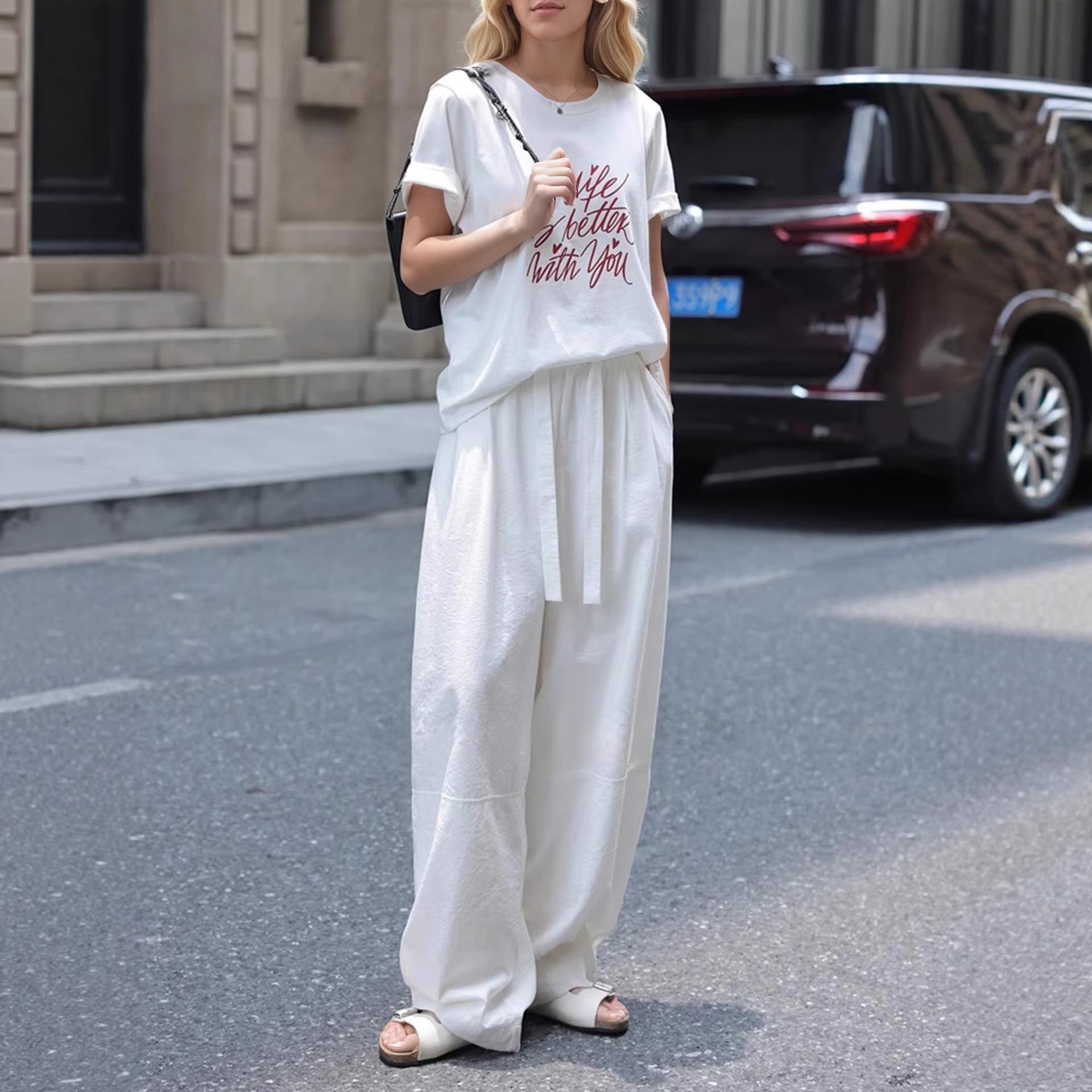 Damen Lässige und bequeme weite Hose mit seitlichem Bindegürtel R&B