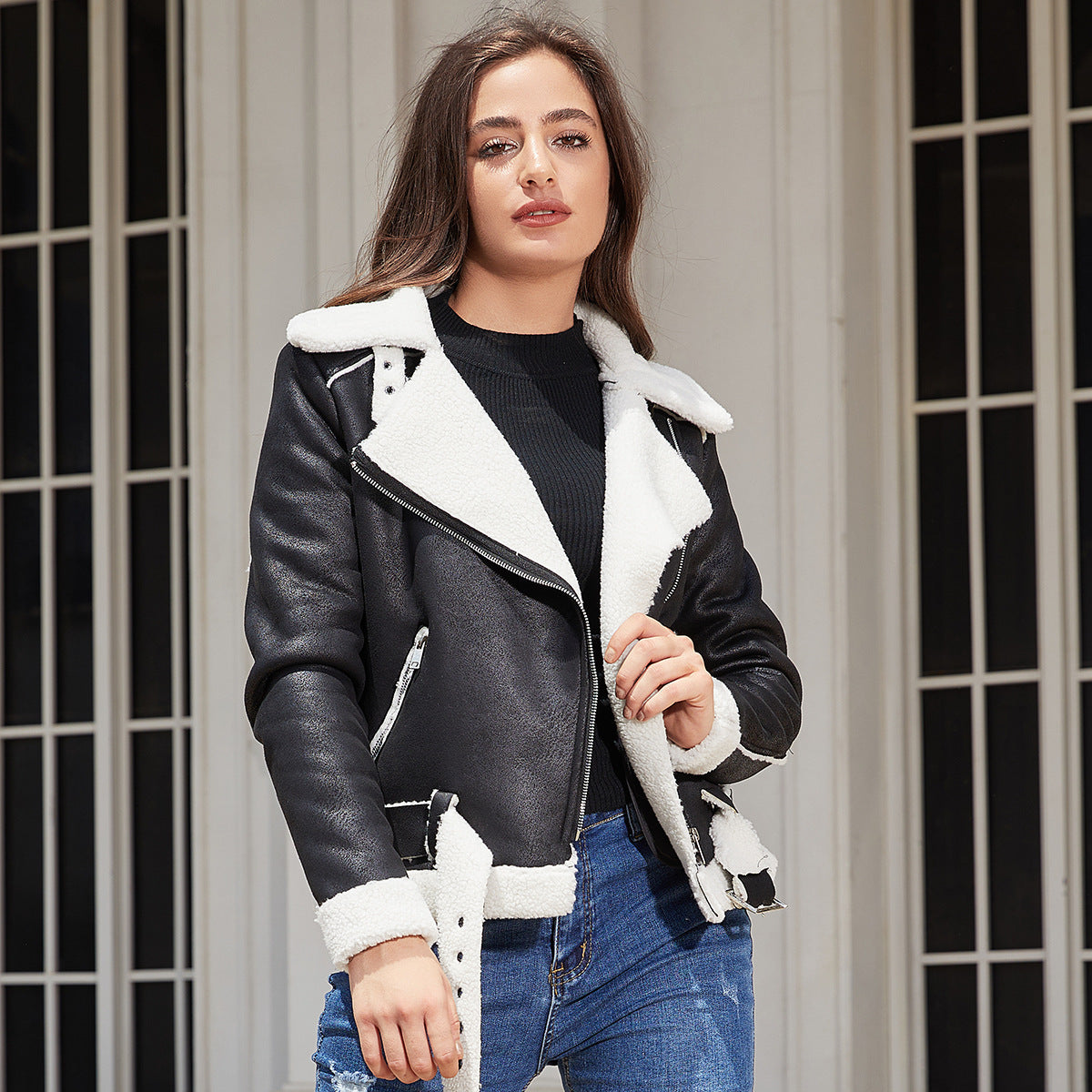 Damen nan taillierte Lammfellimitat-Fliegerjacke mit Gürtel und Teddyfutter R&B