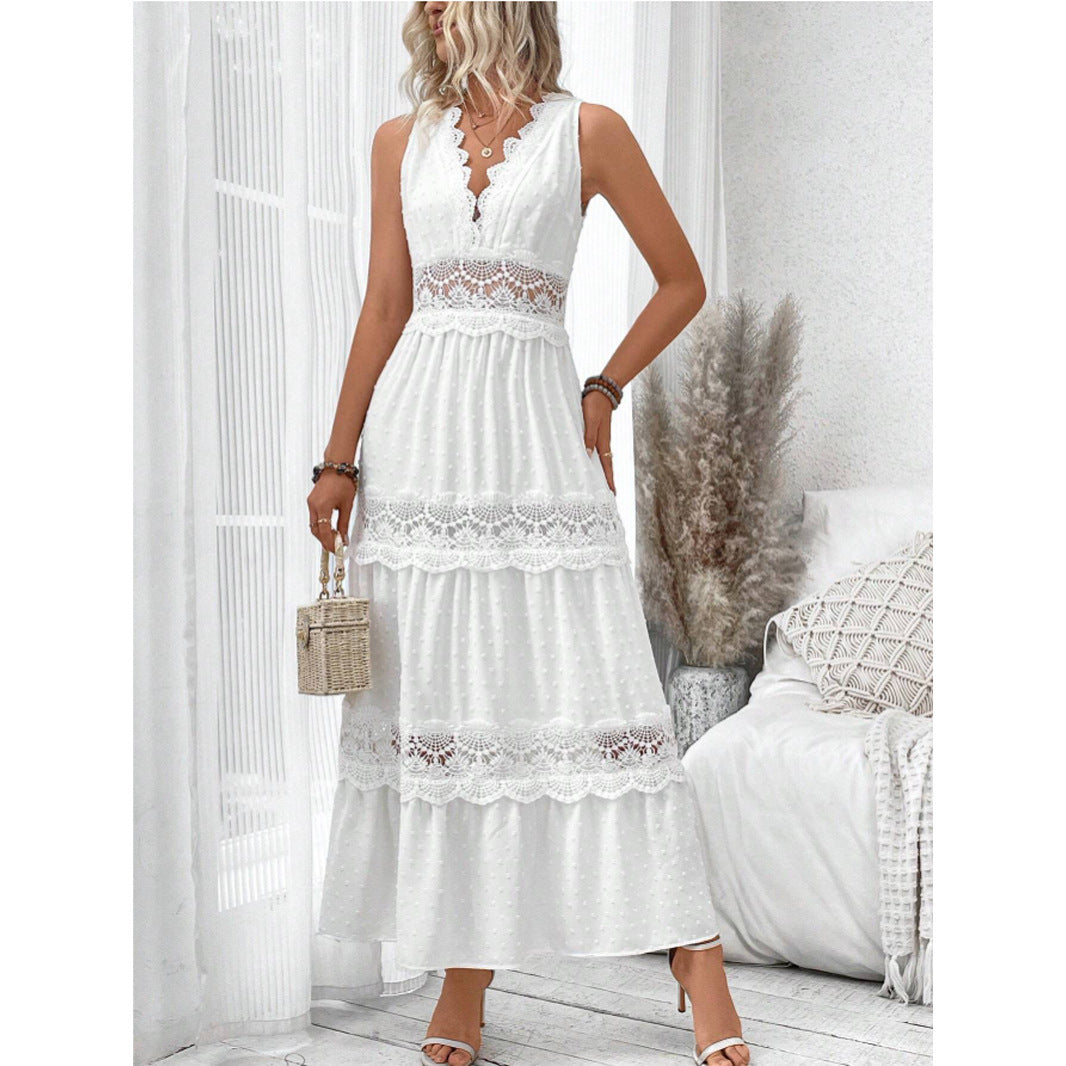 Damen romantisches Maxikleid mit Spitzenapplikationen und punktiertem Design R&B