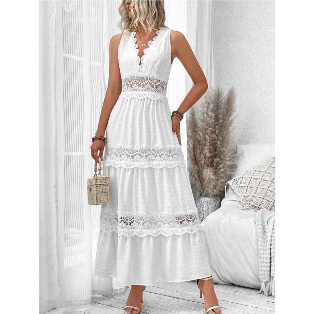 Damen romantisches Maxikleid mit Spitzenapplikationen und punktiertem Design R&B
