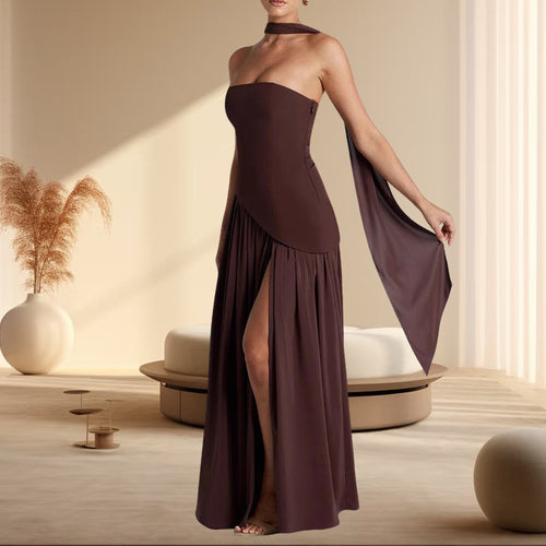 Damen Raffiniertes Maxi-Kleid mit asymmetrischem Oberteil und hohem Schnitt R&B