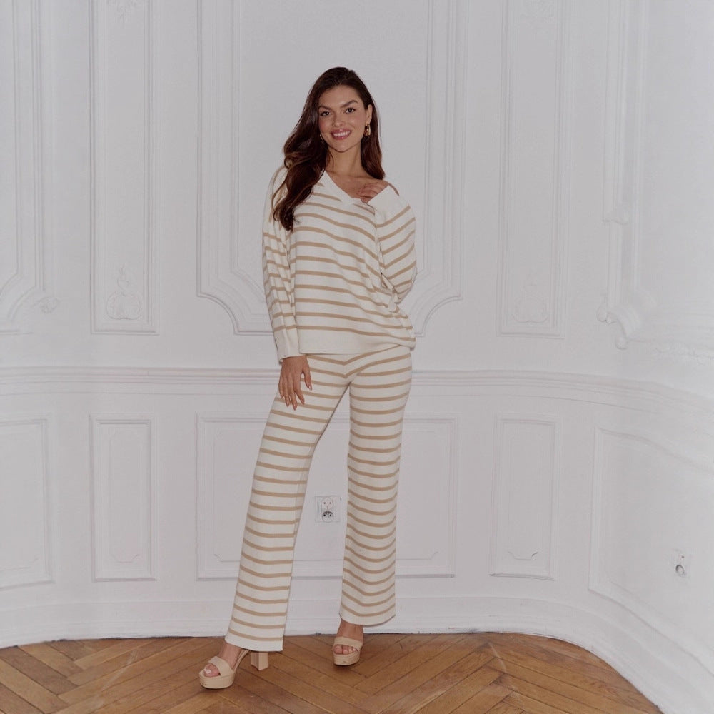Damen lässiges Strickanzug-Set mit breiten Streifen R&B