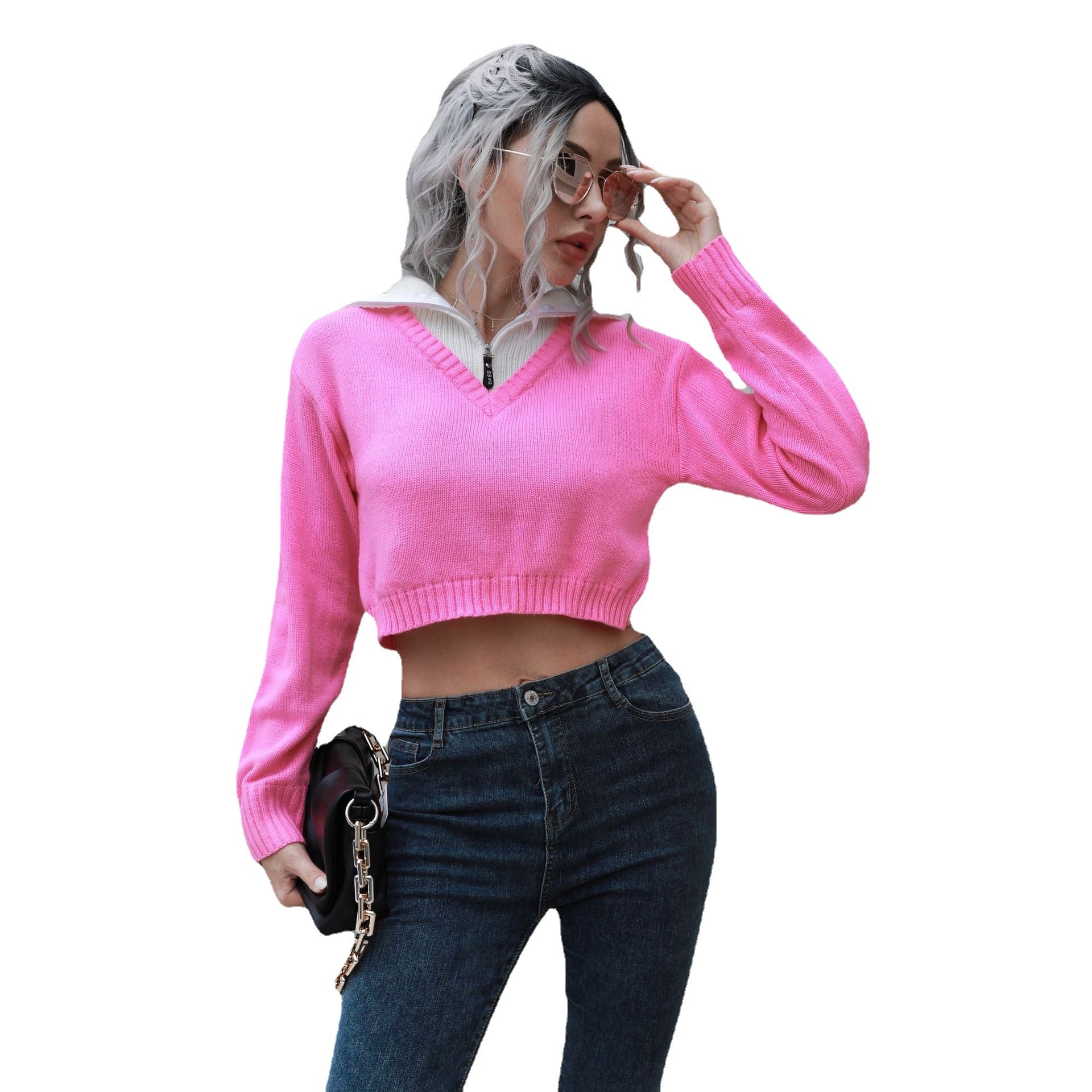 Damen Cropped Pullover mit hohem Kragen und verdecktem Reißverschluss R&B