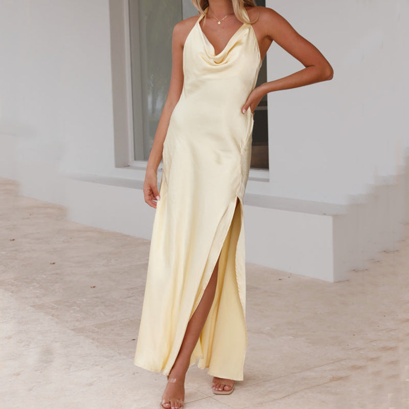 Damen Maxikleid mit halb-transparentem Halterneck und erotischem Schlitz R&B