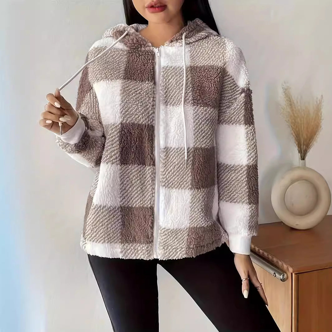 Damen kuschelige Plüschjacke im modernen Karomuster mit Kapuze R&B