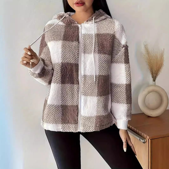 Damen kuschelige Plüschjacke im modernen Karomuster mit Kapuze R&B