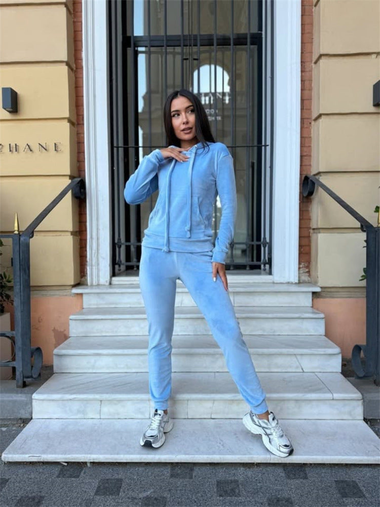Damen lässiges Fleece-Jogginganzug-Set mit Kapuze und elastischem Bund R&B