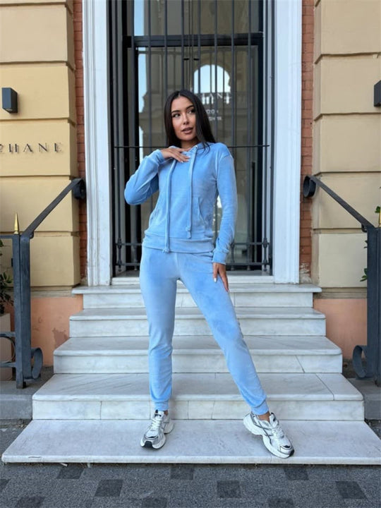 Damen lässiges Fleece-Jogginganzug-Set mit Kapuze und elastischem Bund R&B