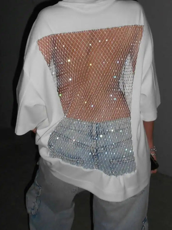 Damen nan Oversize-T-Shirt mit transparentem Netzrücken, Strassbesatz und Jeans-Print R&B