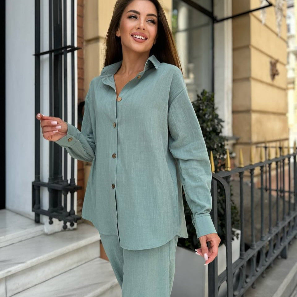 Damen elegantes und trendiges Zweiteiliges Set aus Hemd und weitem Hosen R&B