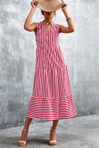 Damen Maxikleid mit gestreiftem Design, durchgehendem Knopfverschluss und voluminösem Saum R&B