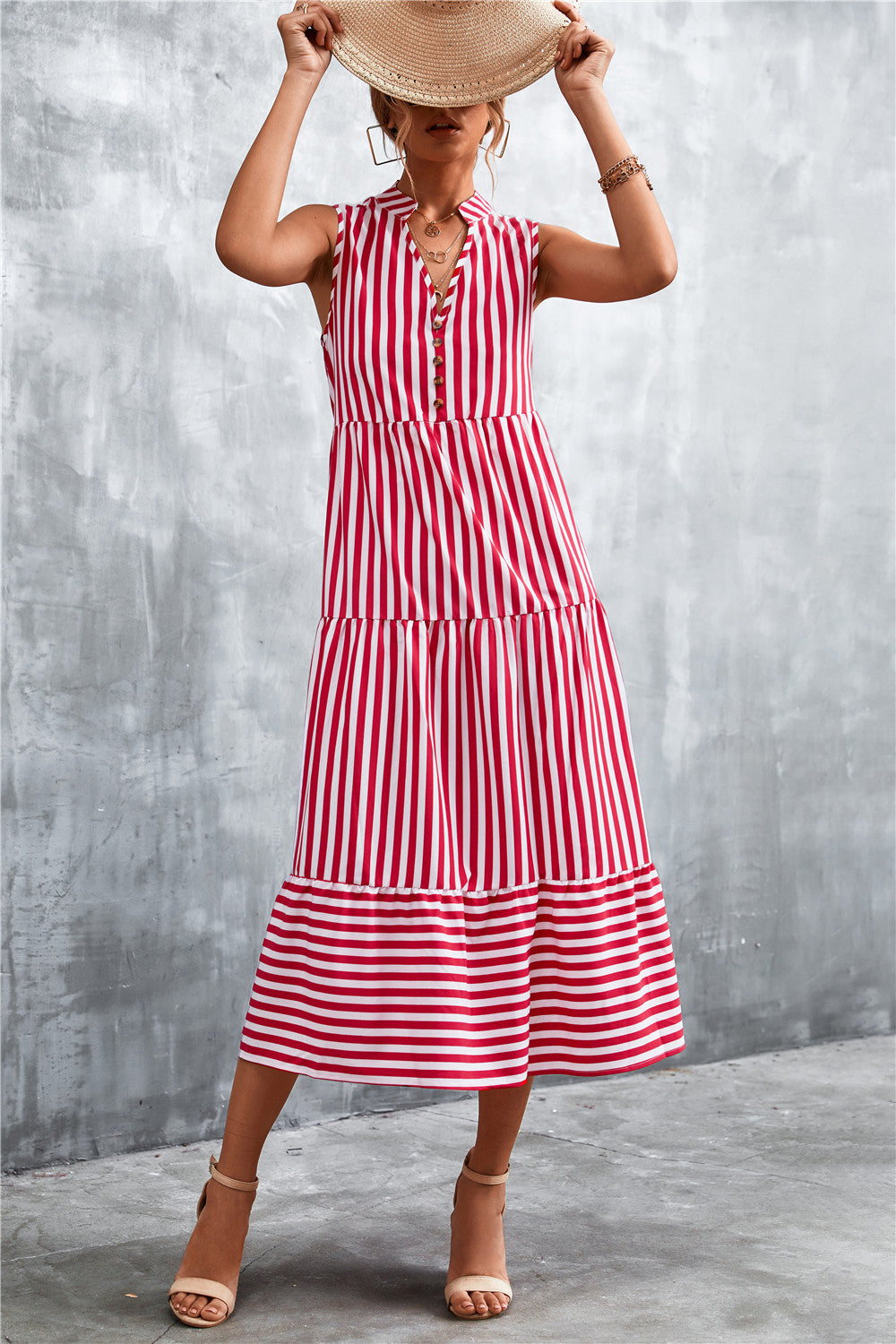 Damen Maxikleid mit gestreiftem Design, durchgehendem Knopfverschluss und voluminösem Saum R&B