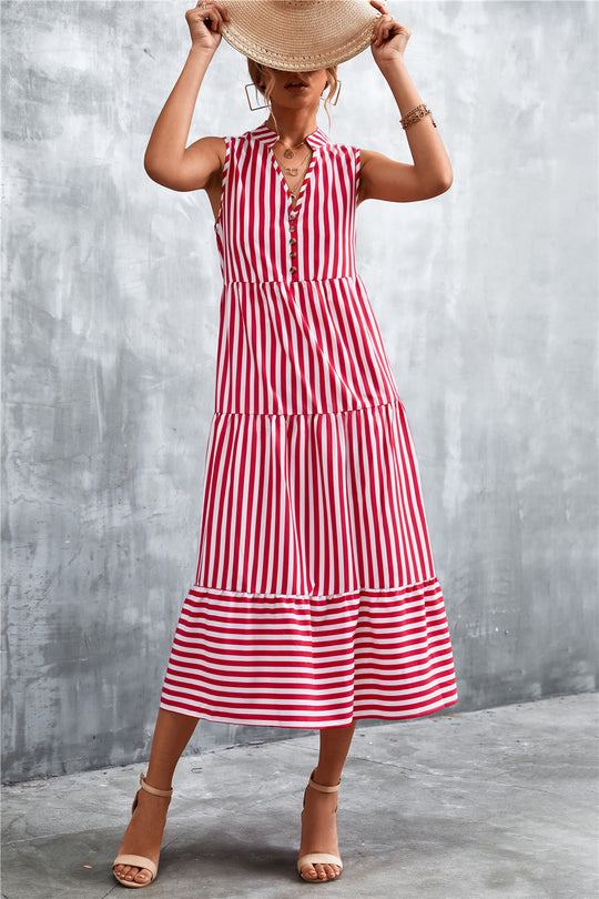 Damen Maxikleid mit gestreiftem Design, durchgehendem Knopfverschluss und voluminösem Saum R&B