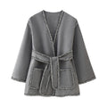 Damen elegante Wickeljacke mit kontrastierenden Verzierungen R&B