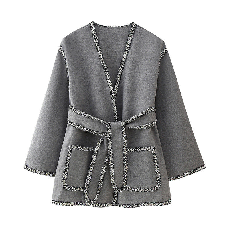 Damen elegante Wickeljacke mit kontrastierenden Verzierungen R&B