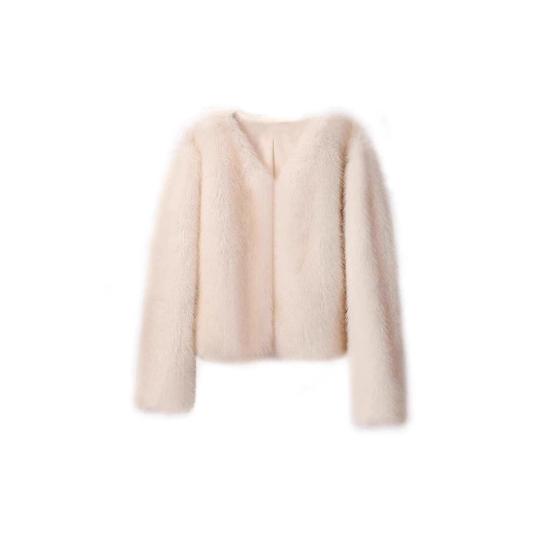 Damen luxuriöse Plüschjacke mit V-Ausschnitt R&B