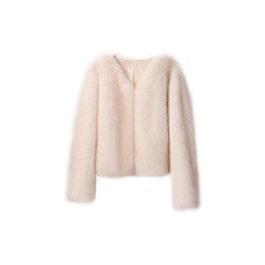 Damen luxuriöse Plüschjacke mit V-Ausschnitt R&B