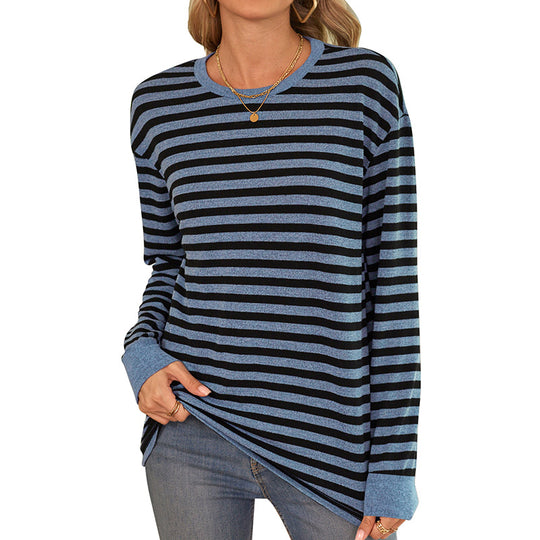 Damen bequemes Langarmshirt mit gestreiftem Design und Rundhalsausschnitt R&B
