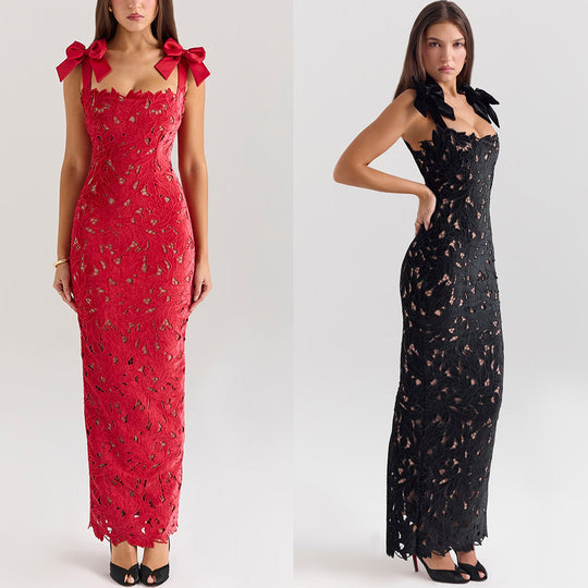 Damen nan figurbetontes bodenlanges Spitzenabendkleid in Säulenform mit Zierschleifen-Trägern R&B